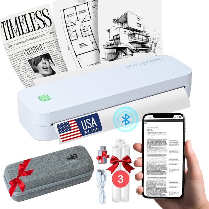 STREAMLINED GADGETS 2025 Portable Wireless Inkless Thermal Printer – Bluetooth Mobile Printer for iPhone, Android, Laptop, Tablet for Home and School– 8.5”x11” w/Free Shockproof Case & 3 Rolls Thermal Paper - Image 1